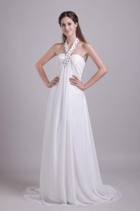 Empire Halter Wedding Bridal Gown with Beading and Brush Train