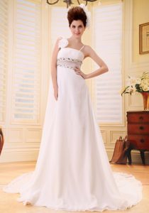 Custom Made Beaded Bridal Gown with Spaghetti Straps and Watteau Train
