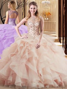 Extravagant Tulle Scoop Sleeveless Brush Train Lace Up Beading and Ruffles Quinceanera Gown in Peach