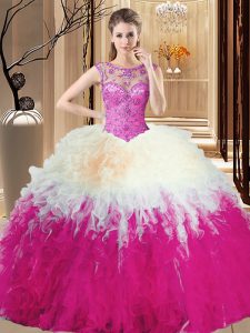 Multi-color Ball Gowns Scoop Sleeveless Tulle Floor Length Lace Up Beading Quinceanera Dress