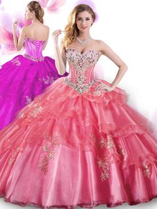 Sweetheart Sleeveless Lace Up 15th Birthday Dress Coral Red Organza