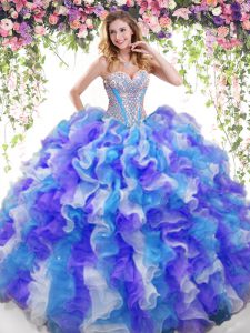Customized Sweetheart Sleeveless Organza Ball Gown Prom Dress Beading and Ruffles Lace Up