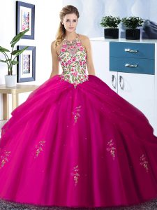 Exquisite Pick Ups Floor Length Fuchsia 15 Quinceanera Dress Halter Top Sleeveless Lace Up