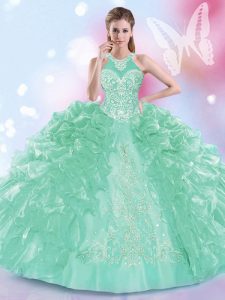 Custom Designed Halter Top Apple Green Sleeveless Floor Length Appliques and Ruffles Lace Up 15th Birthday Dress