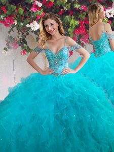 Off the Shoulder Teal Sleeveless Floor Length Beading and Ruffles Lace Up Quince Ball Gowns
