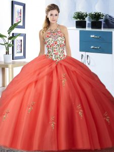 Glittering Halter Top Floor Length Orange Red Vestidos de Quinceanera Tulle Sleeveless Embroidery and Pick Ups