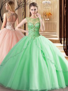 Scoop Sleeveless Tulle Brush Train Lace Up Sweet 16 Dresses in Apple Green with Beading