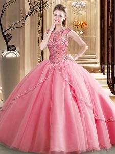 Watermelon Red Sweet 16 Dresses Military Ball and Sweet 16 and Quinceanera and For with Beading Scoop Sleeveless Brush T