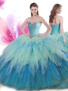 Modest Multi-color Tulle Lace Up Sweetheart Sleeveless Floor Length Quinceanera Dress Beading and Ruffles