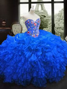 Popular Royal Blue Sleeveless Embroidery and Ruffles Floor Length Ball Gown Prom Dress