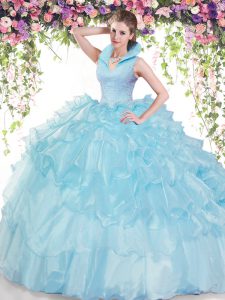 Backless Organza Sleeveless Floor Length Quinceanera Dresses and Beading and Ruffled Layers