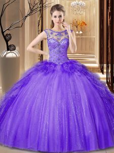 Enchanting Scoop Sleeveless Tulle Floor Length Lace Up Quinceanera Gowns in Purple with Sequins