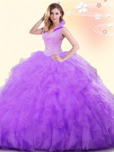 Adorable Backless Lavender Sleeveless Beading and Ruffles Floor Length Ball Gown Prom Dress