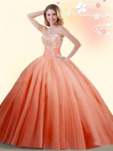 Elegant Orange Red Ball Gowns Beading Quinceanera Gowns Lace Up Tulle Sleeveless Floor Length