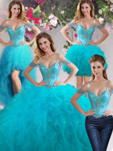 Four Piece Off the Shoulder Sleeveless Tulle Floor Length Lace Up 15 Quinceanera Dress in Teal with Beading and Ruffles