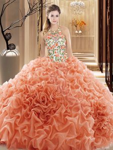 Noble Backless Vestidos de Quinceanera Peach for Prom and Military Ball and Sweet 16 and Quinceanera with Embroidery and
