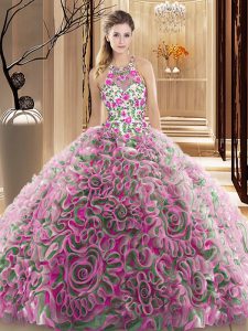 Captivating Multi-color Sleeveless Fabric With Rolling Flowers Brush Train Criss Cross 15th Birthday Dress for Military 