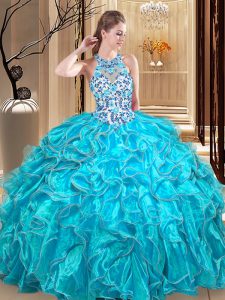 Scoop Teal Organza Backless 15 Quinceanera Dress Sleeveless Floor Length Embroidery and Ruffles