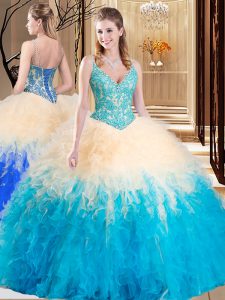 Floor Length Multi-color Quinceanera Dresses Tulle Sleeveless Lace and Ruffles