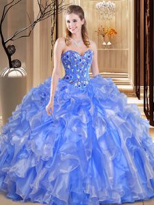 Cute Blue Ball Gowns Sweetheart Sleeveless Organza Floor Length Lace Up Beading and Embroidery and Ruffles Ball Gown Pro