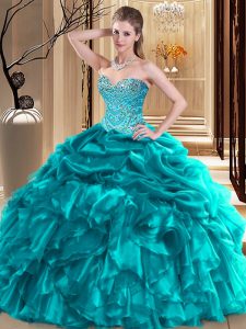 On Sale Teal Organza Lace Up Sweet 16 Quinceanera Dress Sleeveless Floor Length Beading and Pick Ups