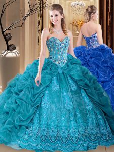 Custom Fit Organza Sweetheart Sleeveless Lace Up Embroidery and Pick Ups Quinceanera Gowns in Teal