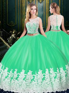 Apple Green Two Pieces Tulle Scoop Sleeveless Lace and Appliques Floor Length Zipper Quinceanera Gown