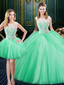 Decent Three Piece Scoop Sleeveless Quinceanera Dress Floor Length Lace and Pick Ups Apple Green Tulle