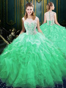 Custom Design Brush Train Ball Gowns Ball Gown Prom Dress Green Scoop Organza and Tulle Sleeveless Zipper