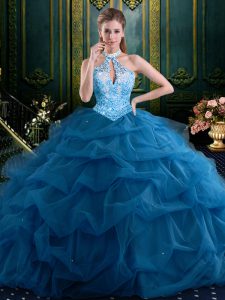 Halter Top Navy Blue Tulle Lace Up Quinceanera Gown Sleeveless Floor Length Beading and Pick Ups