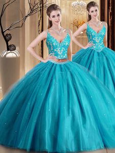 Teal Two Pieces Tulle Spaghetti Straps Sleeveless Beading and Lace and Appliques Floor Length Lace Up Ball Gown Prom Dre