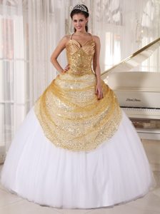 Champagne and White Spaghetti Straps Tulle and Sequin Appliques Quince Dress