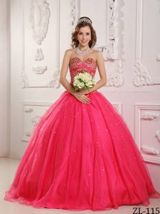 Hot Pink Princess Sweetheart Satin and Organza Beading Quinceanera Dress
