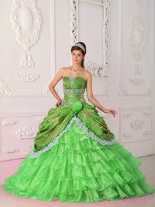 Spring Green Strapless Organza and Dress for Quince with Lace