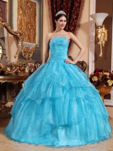 Aqua Blue Strapless Formal Quinceanera Dress in Organza with Beading