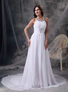 2014 Scoop Court Train Chiffon Prom Wedding Dress with Beadings and Ruches