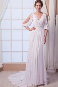 Beautiful Empire V-neck Wedding Party Dress with Beads and Ruches