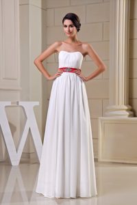 Strapless Long Ruched Chiffon Wedding Dress with Red Beaded Belt