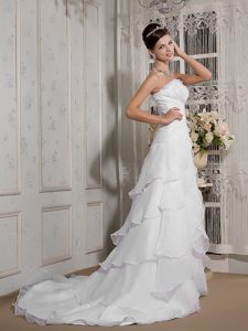 Strapless Court Train Ruched Organza Wedding Dresses with Layered Ruffles