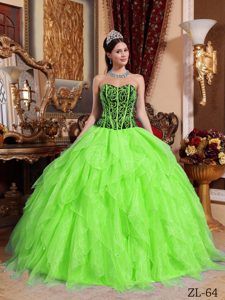 Spring Green Sweetheart Ball Gown Appliqued Dresses for Quince with Layers