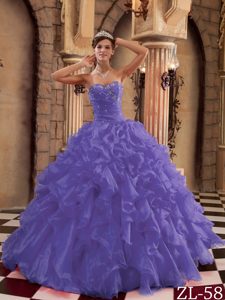 Purple Sweetheart Organza Long Beaded Sweet 16 Dresses with Ruffles