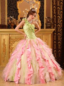 One Shoulder Multi-colored Ruched Flounced Quinceanera Dress with Ruffles