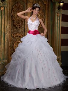 Halter White Organza Beaded Quinceanera Dress with Pick-ups and Red Flower