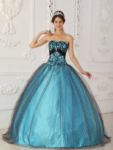 Cheap Black and Blue Strapless Ball Gown Quinceanera Dress with Appliques