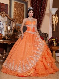 Orange Sweetheart Ruched Organza Sweet 16 Dress with Ruffles and Appliques