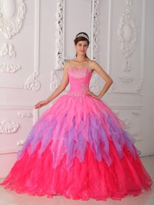 Cute Multi-colored Strapless Sweet 16 Dress with Layered Ruffles and Beading