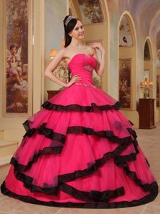 Hot Pink Sweetheart Ruched Organza Appliqued Quinceanera Dress with Layers