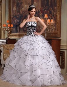 White and Black Strapless Organza Sweet 16 Dresses with Ruffles and Beading