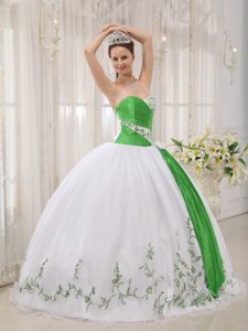 Chichi Green and White Organza Ruched Quinceanera Dress with Embroideries