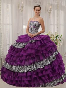 Strapless Ball Gown Purple and Zebra Quinceanera Dress with Layered Ruffles